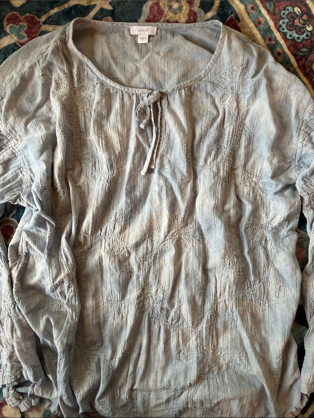 Pure Jill Light Blue Embroidered Tie-Front Blouse 100% Cotton S Boho